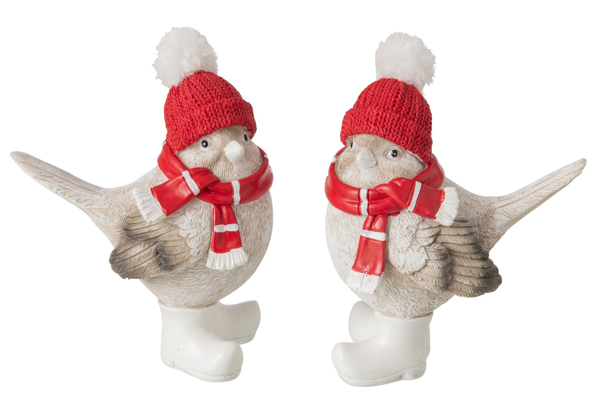 J-Line wintervogel met rode muts en sjaal van polyresin in 12 en 15,5 cm