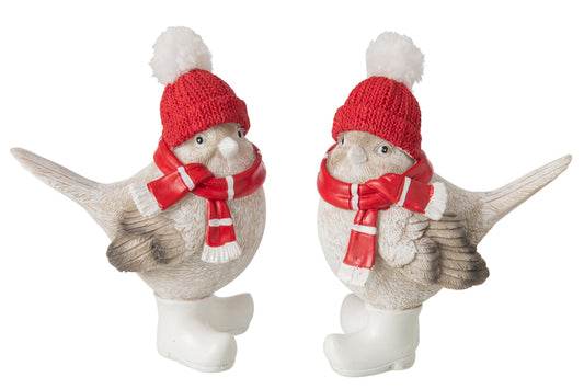 J-Line wintervogel met rode muts en sjaal van polyresin in 12 en 15,5 cm