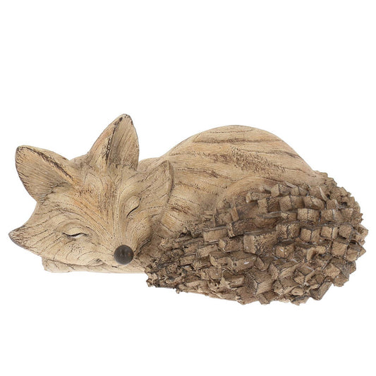 Slapende vos decoratie van polyresin met geschilderde houtnerf-look 15,5 x 10 x 6,5 cm