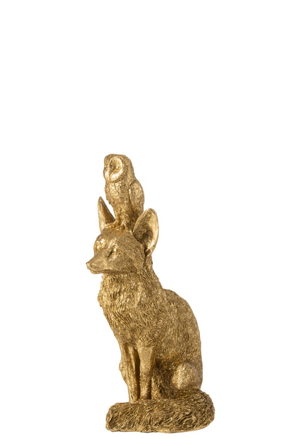 Gouden vossenbeeld met uil van J-Line, gedetailleerd dierenbeeld van 28 cm hoog voor luxe woondecoratie.