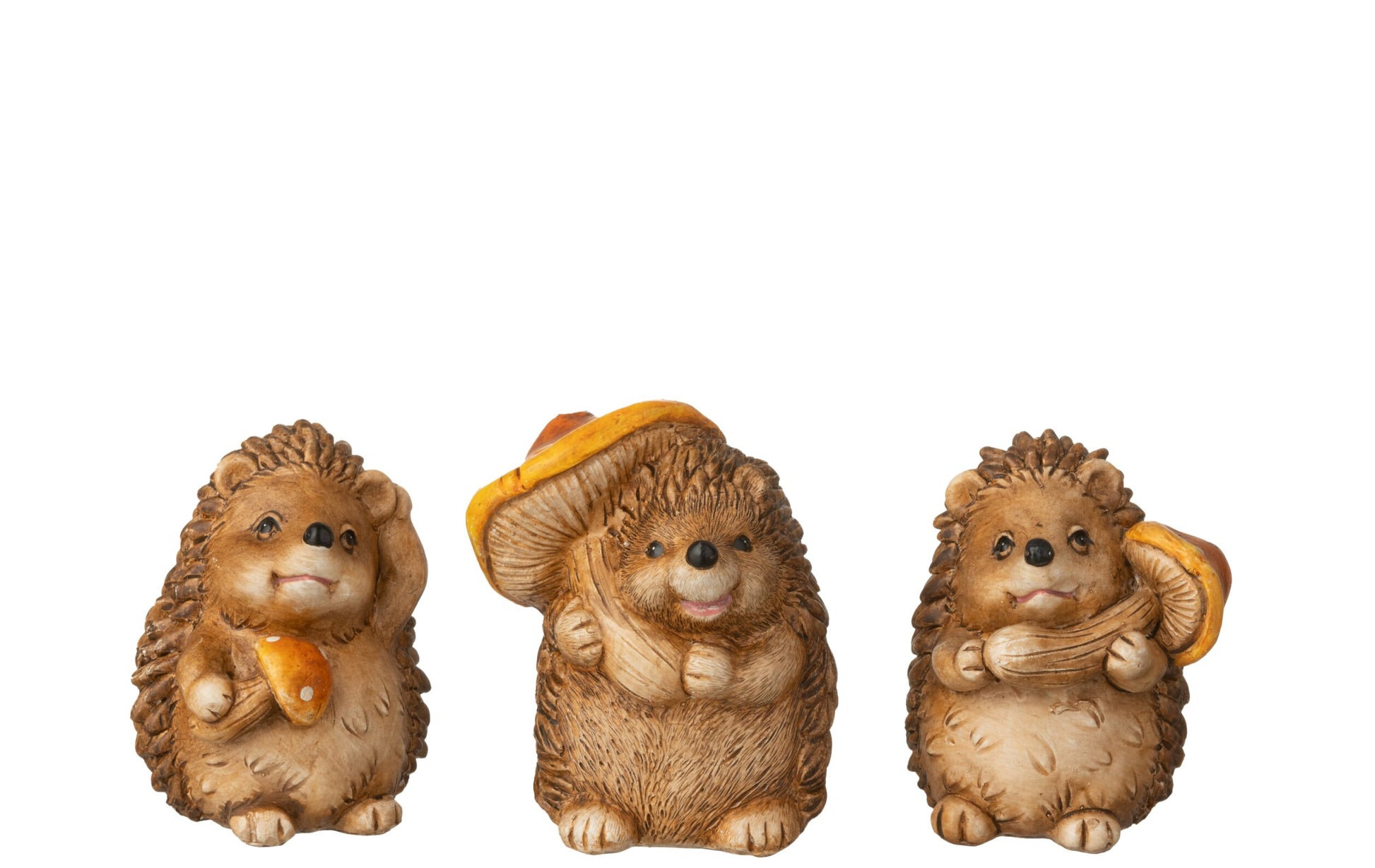 Drie J-Line egel beeldjes met paddenstoel van polyresin 9 cm