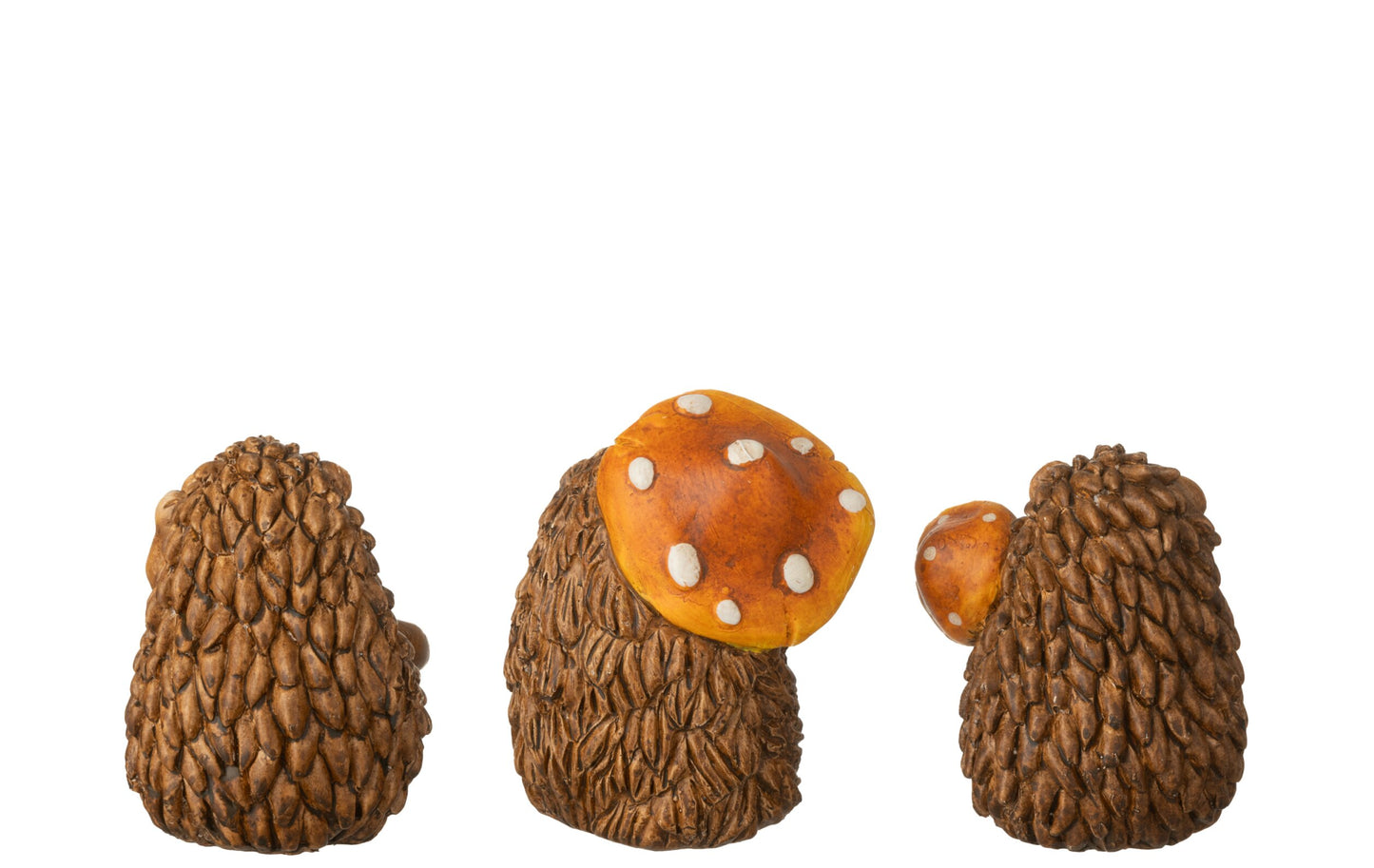 Achterzijde van drie J-Line egel beeldjes met oranje paddenstoel