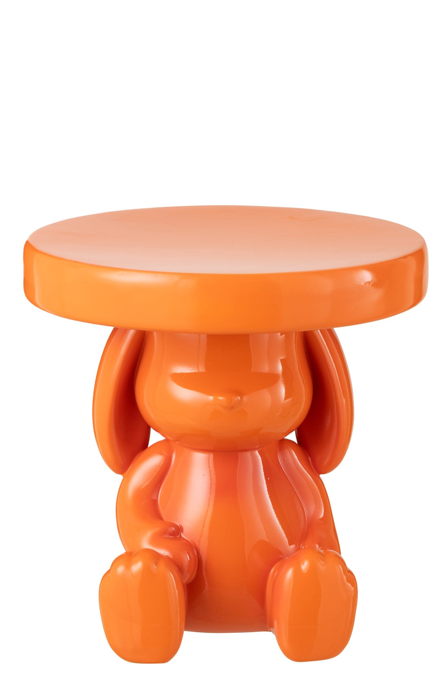 Oranje J-Line bijzettafel van polyresin met een zittend konijn als onderstel en rond tafelblad, 35 x 35 x 35 cm.