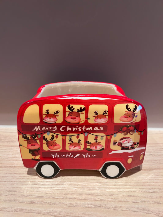 Kerst Bloempot Bus – Rood met Rendieren – Keramiek – 2 formaten