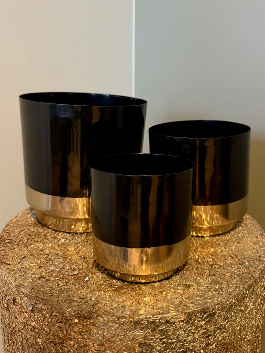 Zwarte en gouden metalen decoratie bloempotten – Madras set van 3 – Krokomingo