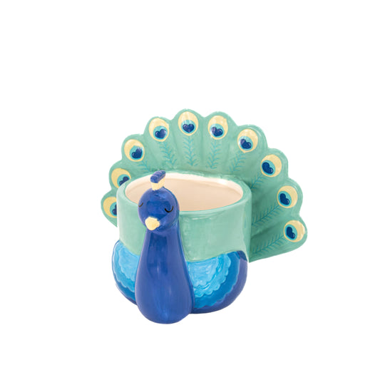Keramieken bloempot in de vorm van een pauw – blauw en groen – 10 x 11 x 13 cm