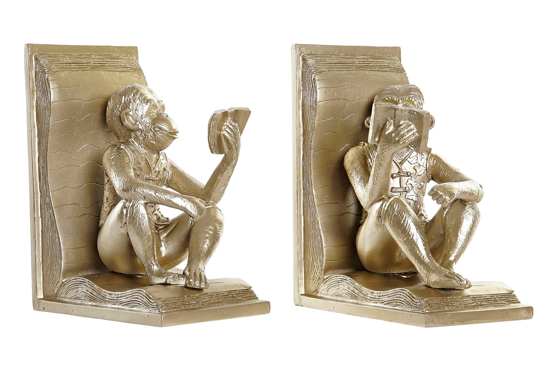 Champagnekleurige boekensteunen in de vorm van lezende apen – set van 2, decoratief en speels van Krokomingo