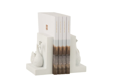 Boekensteunen zwaan wit met zilverkleurig kroontje – set van 2 – polyresin – J-Line