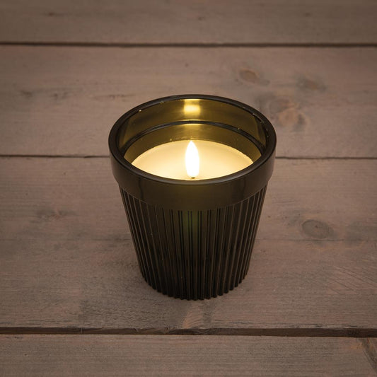 LED buitenkaars zwart in pot met 3D vlam en gouden rand voor tuin of balkon