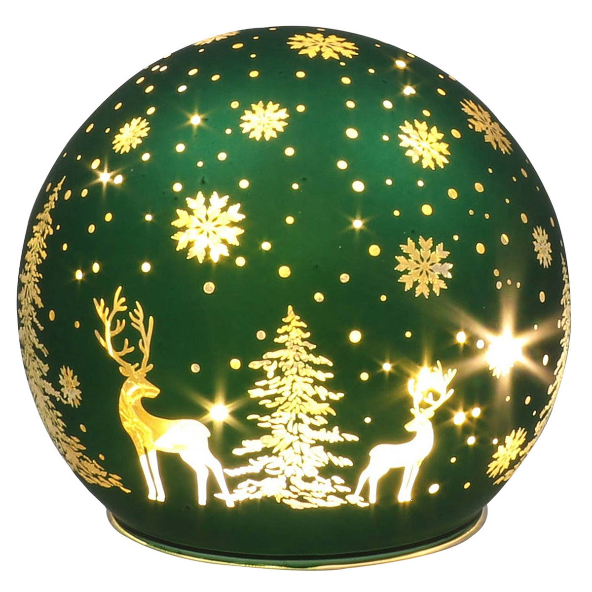 Glazen LED Kerstbal met Herten & Winterbos – Goud, Rood of Groen | 10 cm