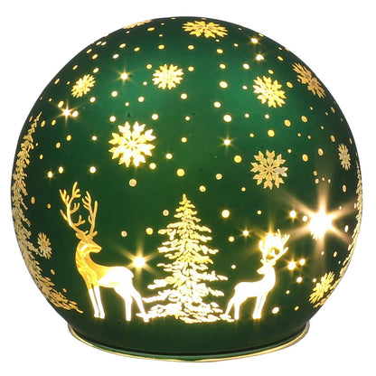 Glazen LED Kerstbal met Herten & Winterbos – Goud, Rood of Groen | 10 cm
