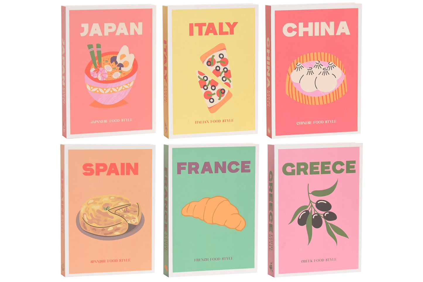 Set van 6 decoratieve boekdozen met kleurrijke wereldkeuken ontwerpen uit Japan, Italië, China, Spanje, Frankrijk en Griekenland.