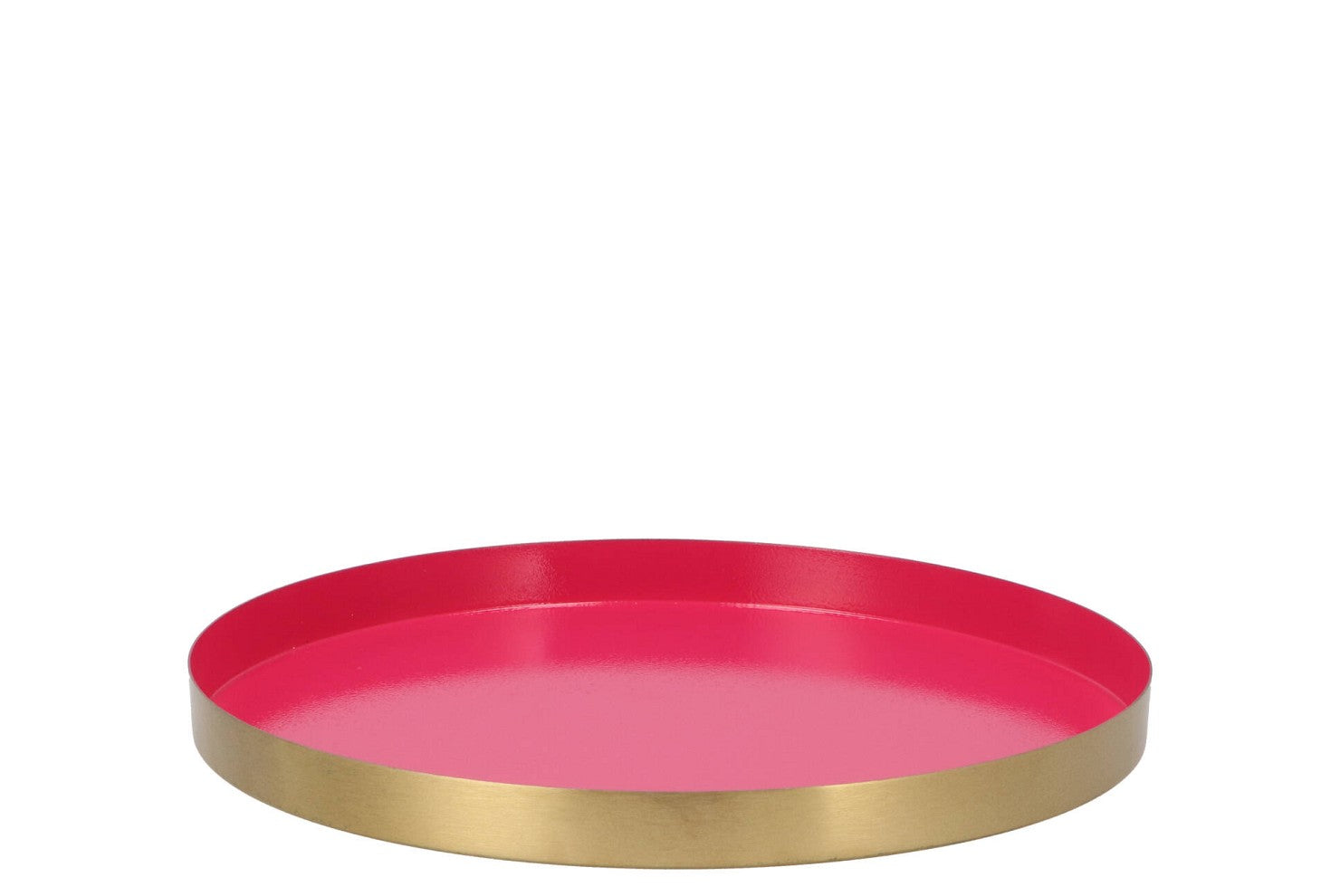 Rond metalen dienblad in fuchsia roze met gouden rand – Ø 26 cm