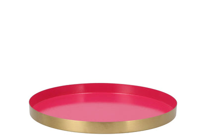 Rond metalen dienblad in fuchsia roze met gouden rand – Ø 26 cm