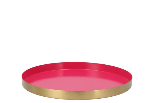 Rond metalen dienblad in fuchsia roze met gouden rand – Ø 26 cm