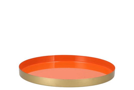 Rond oranje metalen dienblad met gouden rand – Ø 26 cm