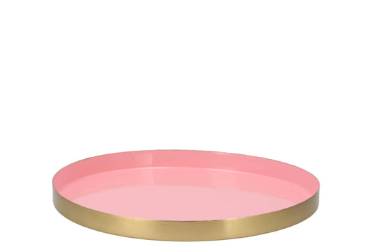 Rond roze metalen dienblad met gouden rand – Ø 26 cm
