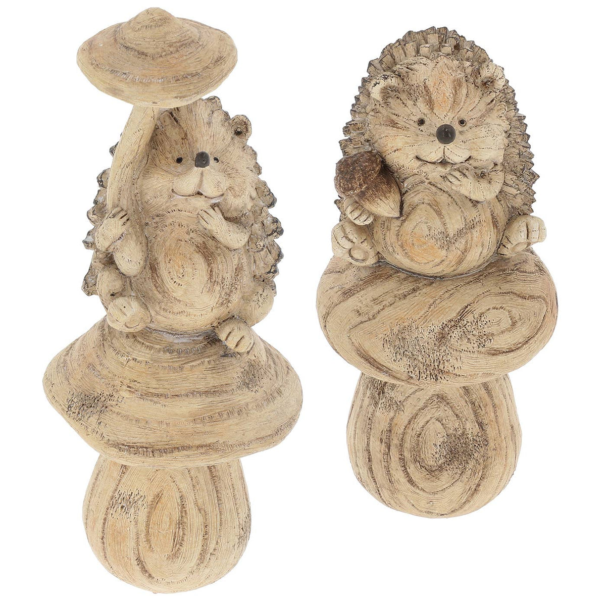 Egel decoratie met paddenstoel in wood effect finish van polyresin in 17,5 en 21 cm