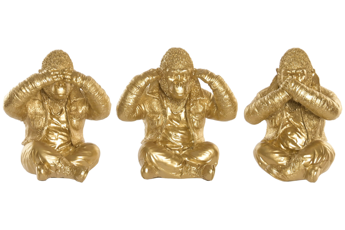 Set van drie gouden gorilla beelden van resin met See No Evil, Hear No Evil en Speak No Evil poses als luxe woondecoratie.
