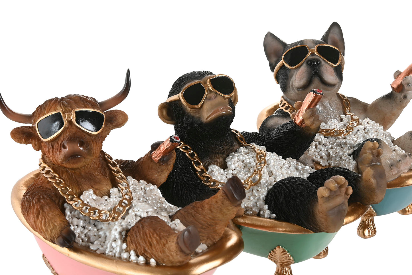 Humoristisch polyresin dierenbeeld van een Schotse Hooglander, Chimpansee of Franse Bulldog ontspannen in een luxe bubbelbad met zonnebril en gouden details.