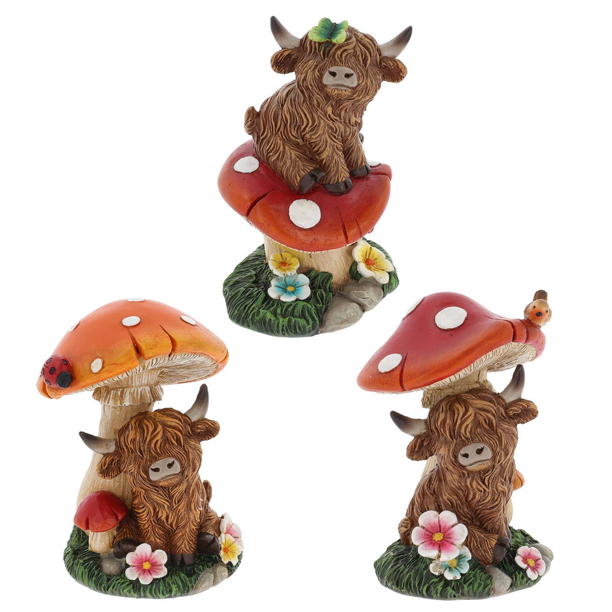 Schotse hooglander decoratie met rood witte paddenstoel en bloemen van polyresin circa 7 x 7 x 13 cm