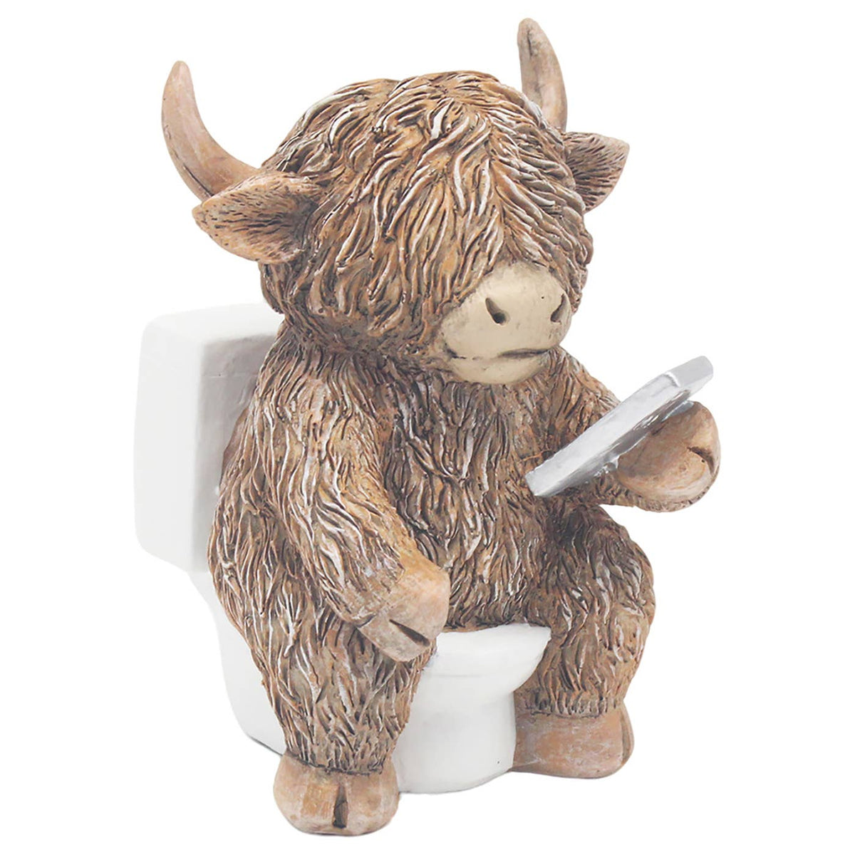 Grappig Schotse hooglander beeldje op toilet met telefoon. Van polyresin, 11,8 cm hoog. Originele toiletdecoratie en cadeautip bij Krokomingo!