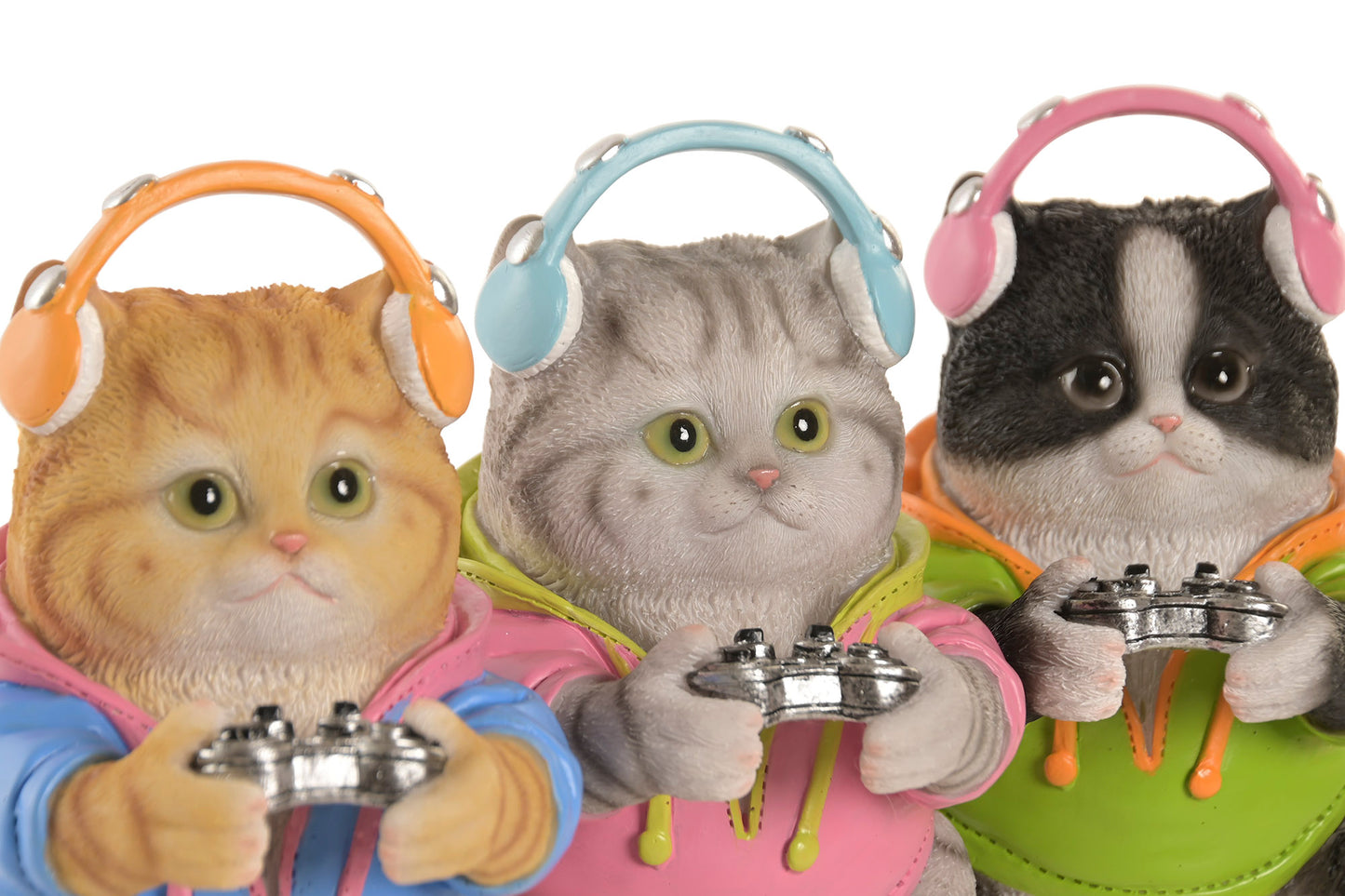 Gamer kattenbeeld met controller, hoodie en koptelefoon van polyresin, verkrijgbaar in drie varianten