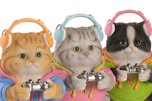 Gamer kattenbeeld met controller, hoodie en koptelefoon van polyresin, verkrijgbaar in drie varianten