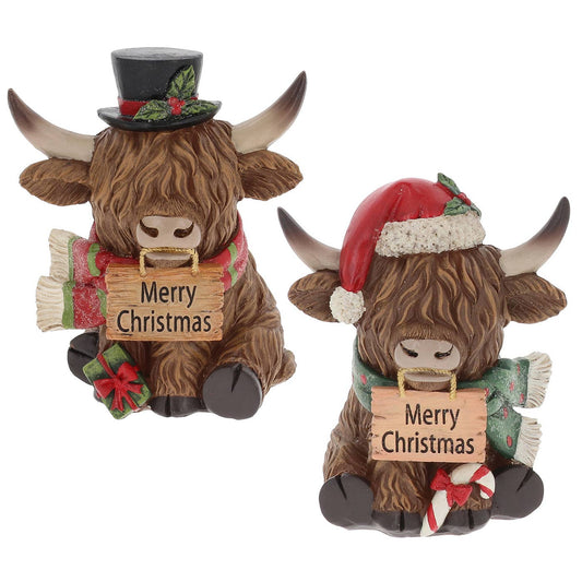 Kerstfiguur hooglander met kerstmuts of hoge hoed, bordje Merry Christmas – los figuur of set van 2