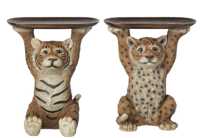 J-Line tijger of panter met donkerbruin dienblad van polyresin