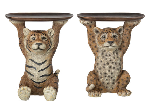 J-Line tijger of panter met donkerbruin dienblad van polyresin
