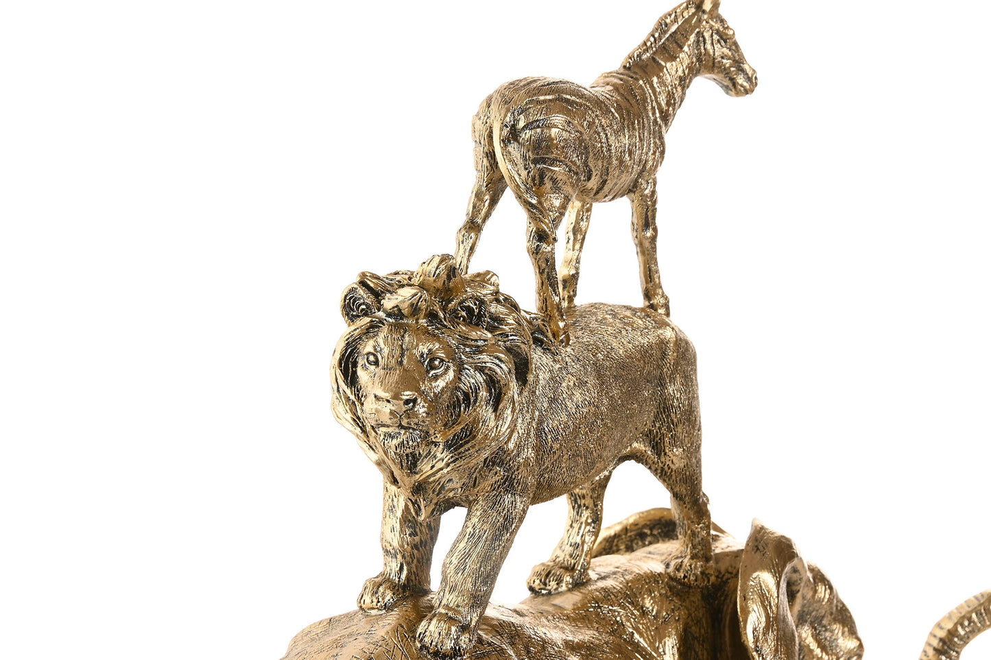Gouden safari dierenbeeld van resin met een olifant, leeuw en zebra als luxe decoratie voor woonkamer, kantoor of hal.