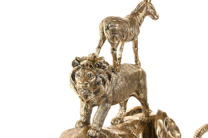 Gouden safari dierenbeeld van resin met een olifant, leeuw en zebra als luxe decoratie voor woonkamer, kantoor of hal.