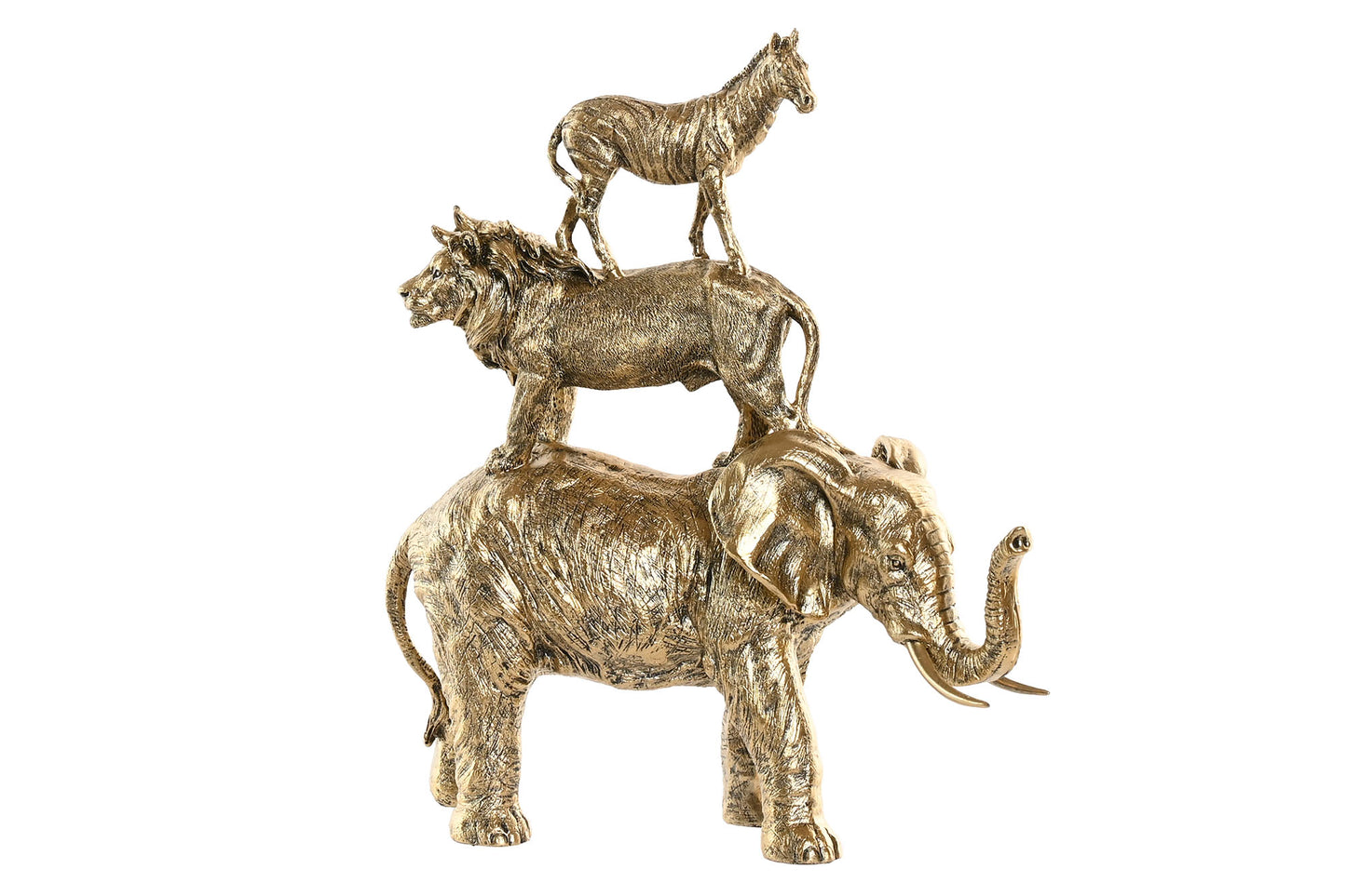 Gouden safari dierenbeeld van resin met een olifant, leeuw en zebra als luxe decoratie voor woonkamer, kantoor of hal