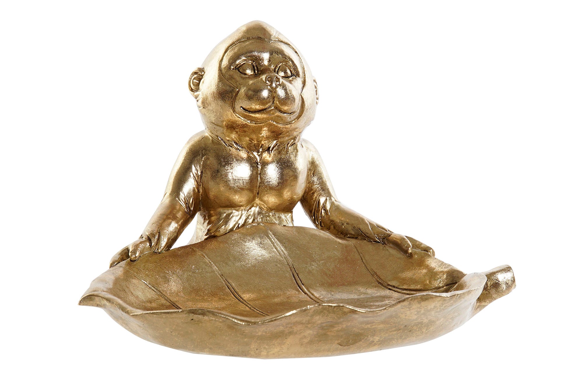 Gouden beeld van zittende aap met groot blad – decoratief schaaltje van polyresin voor sleutels of sieraden, Krokomingo stijl