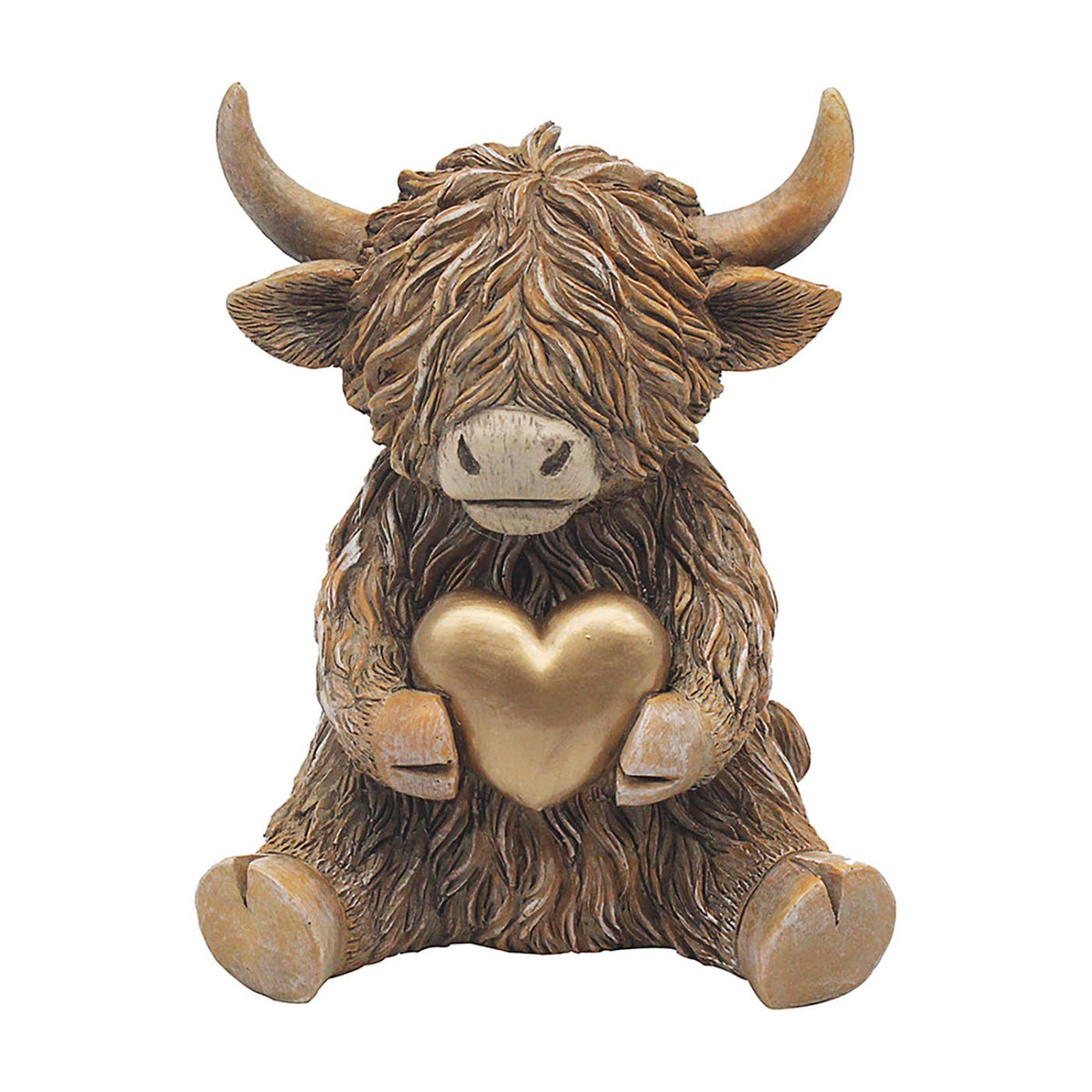 Schotse hooglander beeldje van polyresin met lange bruine vacht, grote horens en goudkleurig hart tussen de hoeven, 9,2 x 8,2 x 12 cm