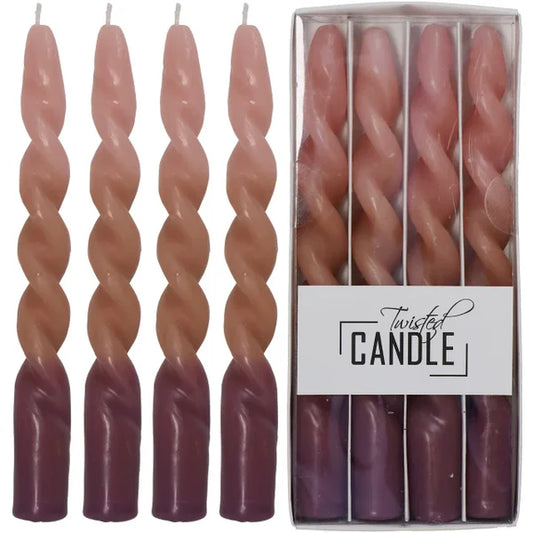Set van vier roze twisted dinerkaarsen – gedraaid design van Kersten – 23,5 cm hoog