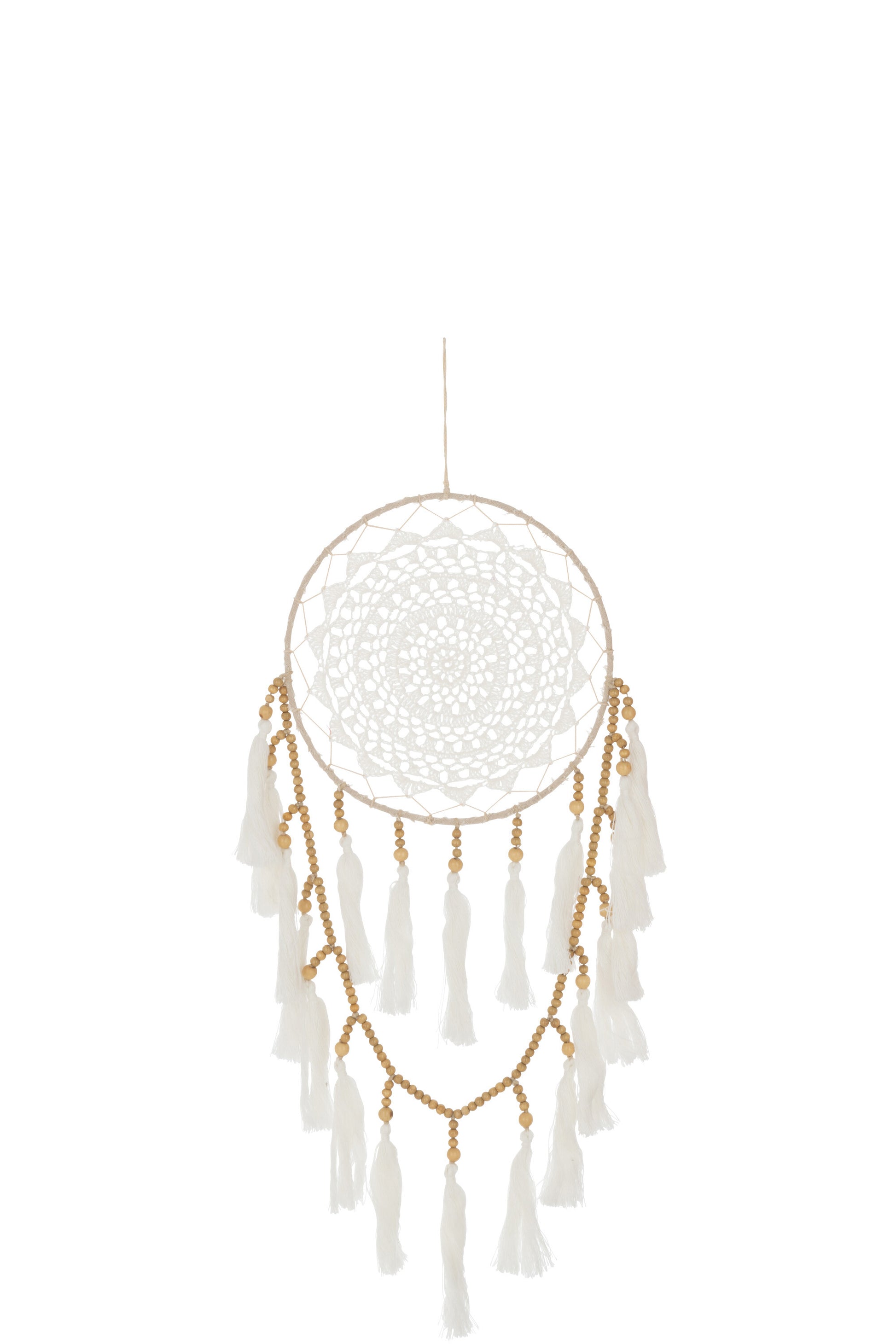 Witte boho dromenvanger met houten kralen en franjes – handgemaakt wanddecoratie-item van J-line
