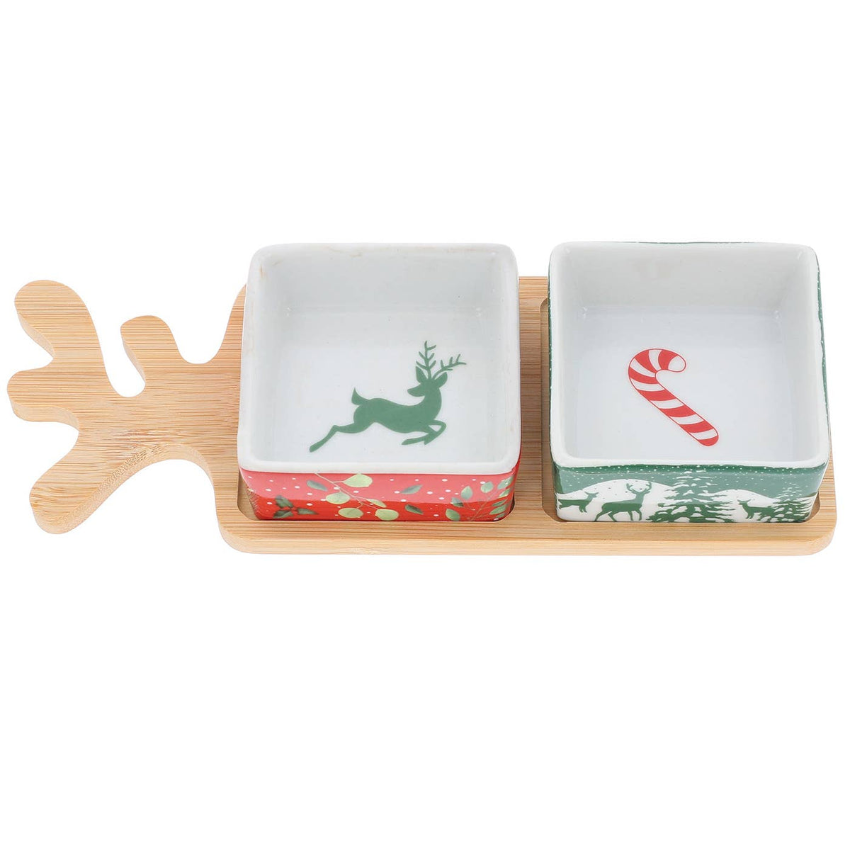 Weihnachts-Snackset mit 2 Keramikschalen & Holz-Rentierbrett – 25 cm