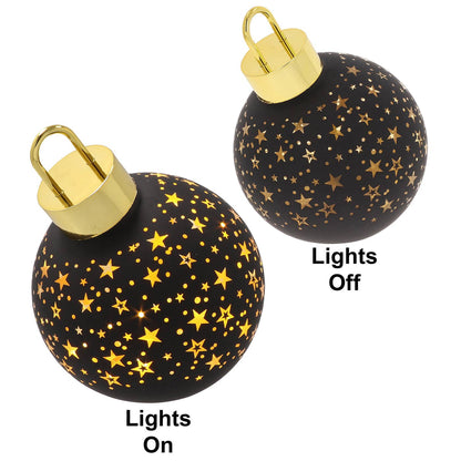 Glazen LED Decoratie Kerstbal Zwart met Gouden Sterren – 17 cm