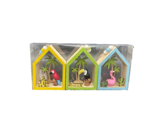 leuk setje van 3 houten huisjes in zomer junglethema