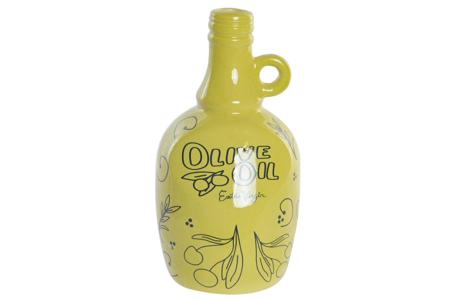 Gele stoneware vaas in de vorm van een olijfoliefles met Olive Oil Extra Virgin illustratie en mediterrane uitstraling.