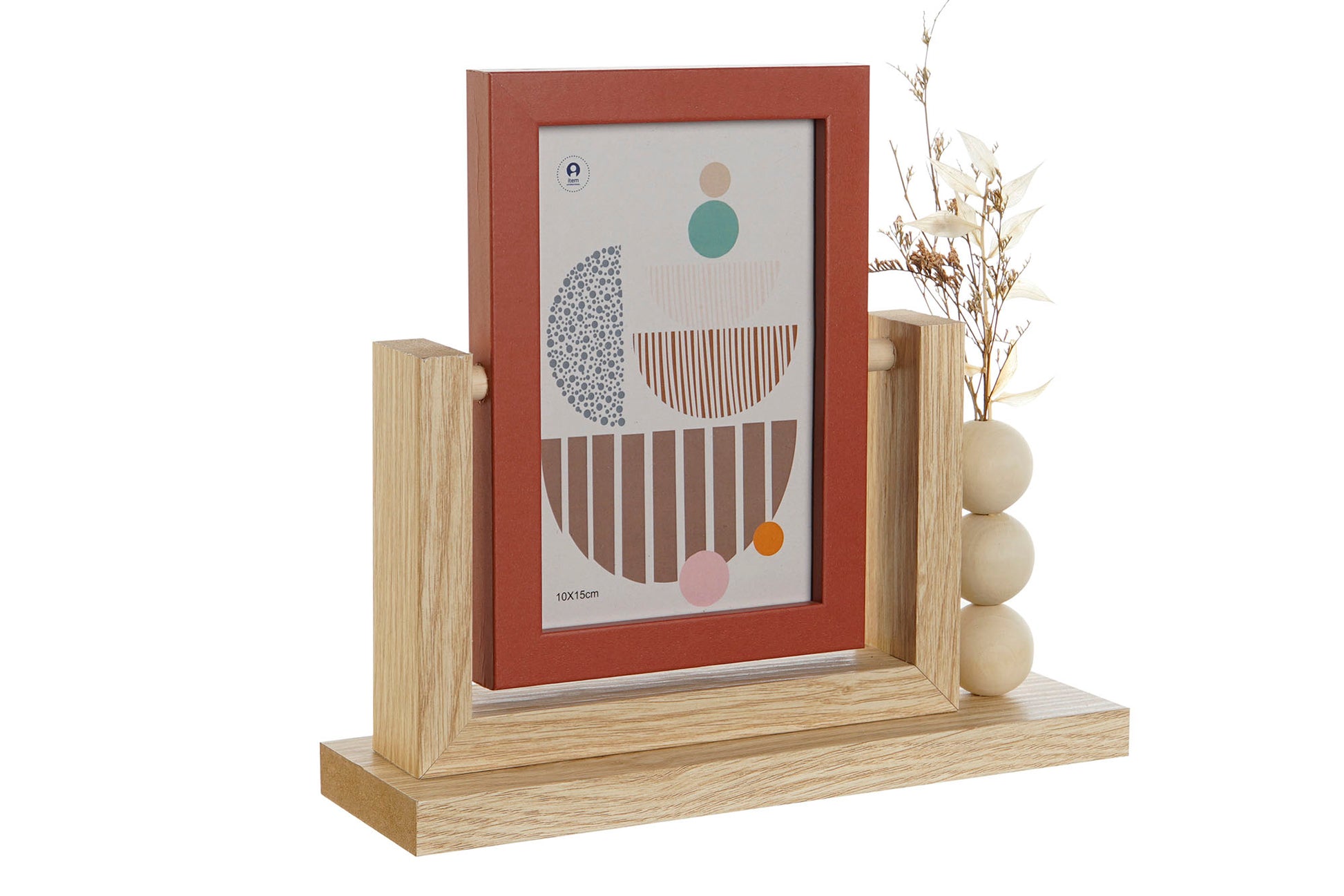 Fotolijst 10x15 cm van hout en glas met terracotta rand en geïntegreerd vaasje met droogbloemen – decoratief en natuurlijk ontwerp – 24x7x21 cm