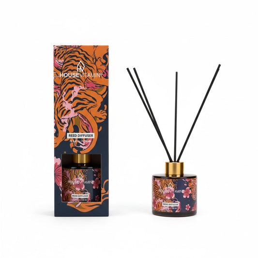Reed diffuser met tijgerdesign en zwarte sticks – geur Wood & Sage – 100 ml – Housevitamin