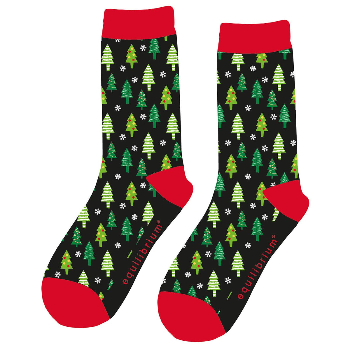 Equilibrium bamboe kerstsokken voor heren met kerstbomen en sneeuwvlokken in zwart groen rood maat 40-46