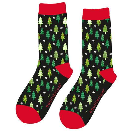 Equilibrium bamboe kerstsokken voor heren met kerstbomen en sneeuwvlokken in zwart groen rood maat 40-46