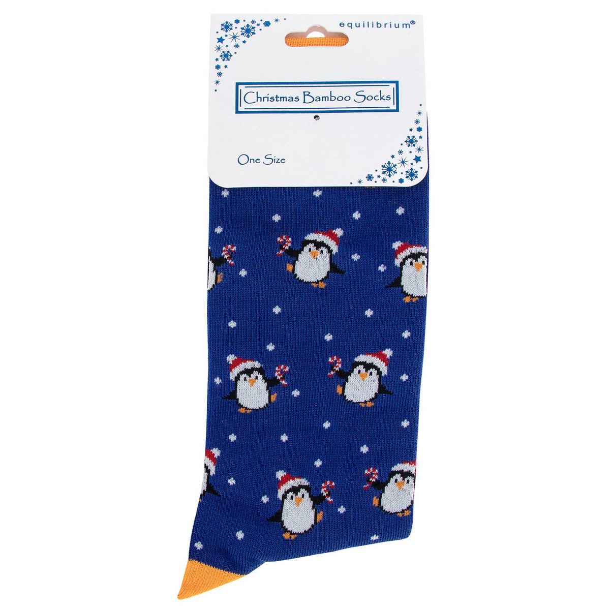 Equilibrium luxe bamboe kerstsokken heren blauw met pinguïns in rode kerstmutsen, zuurstokjes en witte sneeuwvlokken maat 40-46