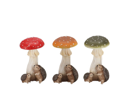 Paddenstoel decoratie met egeltjes – rood, oranje, groen – 17,5 cm
