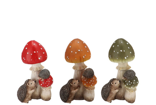 Paddenstoel decoratie met egels – herfstset van 3 – 18,5 cm hoog