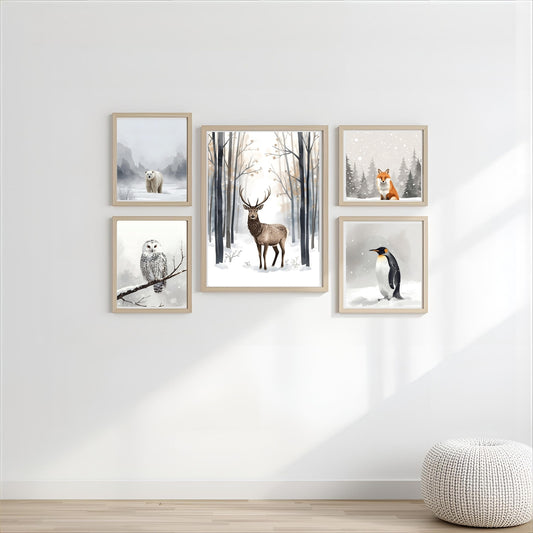 Set of 5 printable Scandinavian winter animal posters – deer, fox, owl, polar bear, and penguin in soft neutral tones
